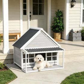Wooden Dog House with Porch, Outdoor Weatherproof Dog House with Tilt Roof, Front Door and Windows, for Medium and Large Sized Dogs (Option: default title)