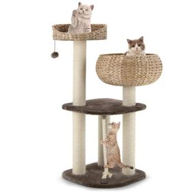 41 Inch Hand-Woven Water Hyacinth Cat Tree, 3 Sisal Scratching Posts Multi-Level Activity Center For Cats-Brown (Option: Defaulttitle)